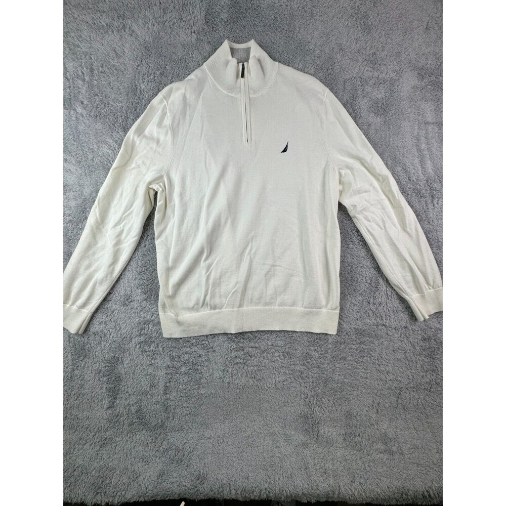 Nautica Men's Large White Pullover Fleece Jacket 1/4 Zip Closure Blue Logo